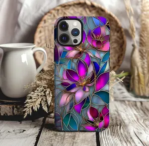 Stained Glass Flowers  iPhone Case  Iphone 13 14 15 16 Mini Pro Max, Flower Blooms Tough Case