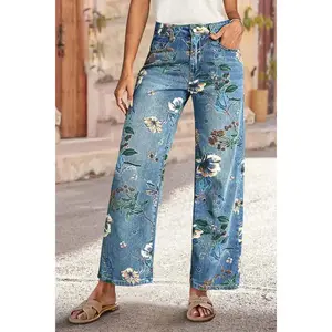 High Waist Straight Leg Jeans Vintage Floral Print Denim Pants