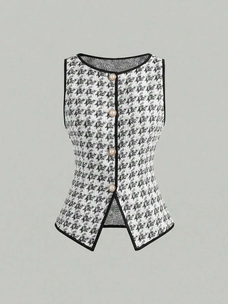 Women's Elegant Knitted Houndstooth Tank Top With Contrast Binding And Pearl Buttons