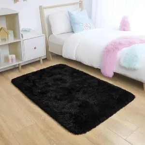 Small Fluffy Area Rug - Soft Shaggy Black Carpet 2x3 Feet for Living Room, Nursery, Dorm, or Home Decor