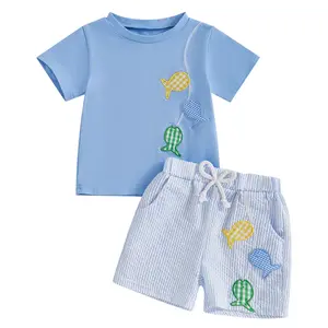 Toddler Baby Boy Clothes Summer Outfit Fish Embroidery Short Sleeve T-Shirt Tee Tops Joggers Casual Striped Shorts 2Pcs Clothing Set