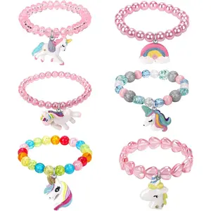 F-HBL01  Set of 6 Unicorn Rainbow Bracelets, Little Girl Animal Bracelets, Teens Kids Unicorn Pendant Beaded Bracelet Girl Party Favor Pretend Play Bracelet