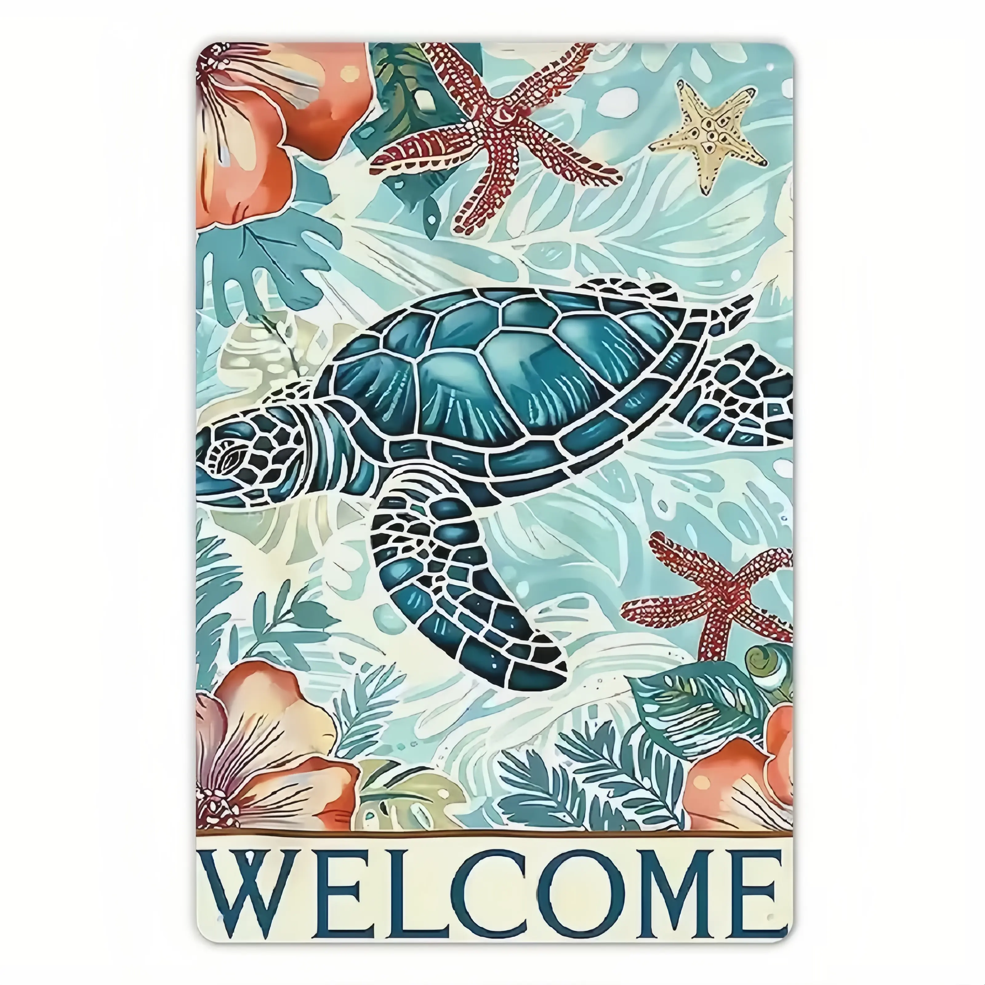 Vintage Metal Tin Welcome Sign, Teal Sea Turtle Starfish Hibiscus Tropical Ocean Wall Plaque, Hawaiian Coastal Nautical Beach Front Porch Patio Pool Rustic Wall Art Decor Lake House Vacation Rental Retro Tropical Sea Turtle Welcome Iron Wall Sign