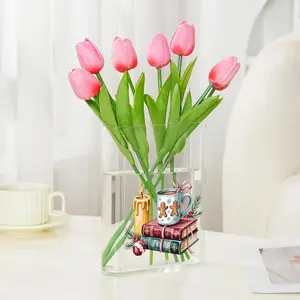 1pc Clear Acrylic Bookend Vase with Book Themed Design Dual-Purpose Shelf Organizer & Flower Holder Modern Vase for Home/Office Minimalist Decor with Book Lovers Display (Books & Tulips Compatible) Bohemian Style