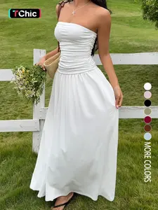 Women's solid color casual long Strapless Ruched Elegant Maxi dress, summer dress, summer outing outfit, vacation beach outfit, party outfit, Womenswear