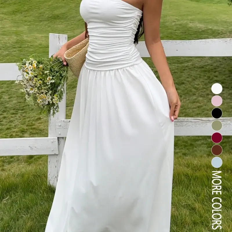 Women's Solid Color Strapless Ruched Chic Maxi Dress, Elegant Casual Long, Beach Vacations, Wedding Guest Dresses, Parties and Outings