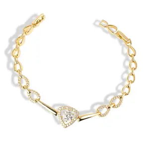 14K Gold Plated Heart CZ Bracelet 7" + 2cm Extension Elegant Jewelry for Women Romantic High Sparkle Center Stone Perfect Gift Piece
