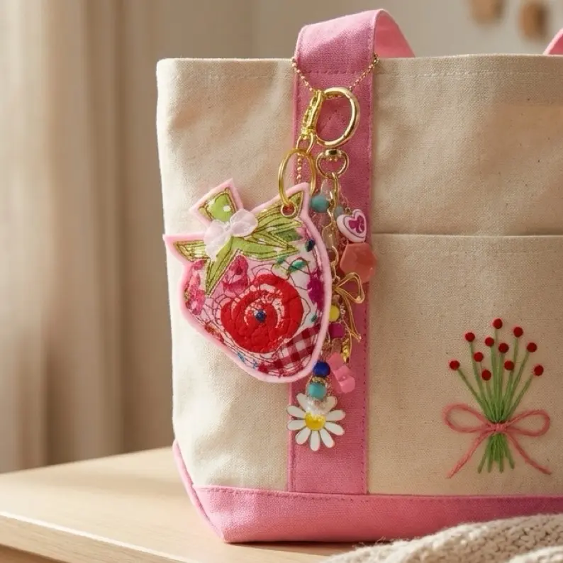 Patchwork strawberry stuffed keychain