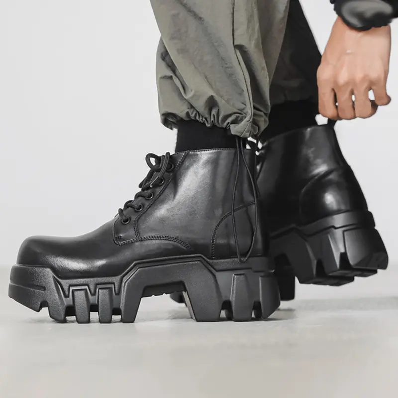 Rick Owens Black Leather Lug Sole Boots with Gray Laces Rick Owens | Shoes | New Rick Owens X Dr Martens 46 Jumbo  main image 4