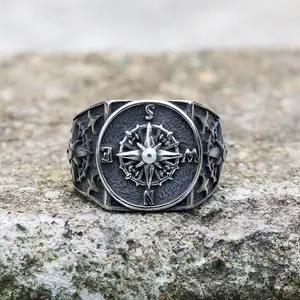 GTHIC Vintage Compass Design Stainless Steel Marine Ring Fashion Accessories For Men Daily Wear Gifts