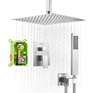 Brushed Nickel Ceiling-Mount Bathroom Rain Shower System Fixture Set - 12-Inch Square Rain Shower Head, Handheld Spray, Brass Valve and Trim Kit (Summervibes Collection)