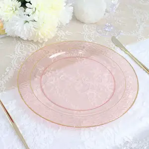 10-Pack Plastic Round Dinner Plates 10" Blush Hammered Design with Gold Rim - Disposable Party Plates