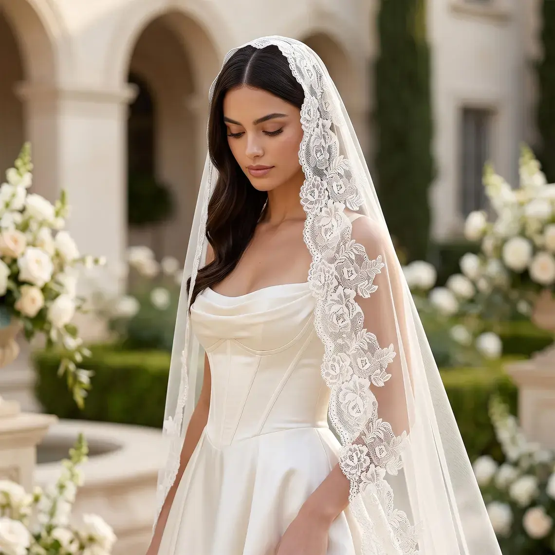 Mantilla Wedding Veil Lace Edge Fingertip Length Bridal Veil with Comb for Bride