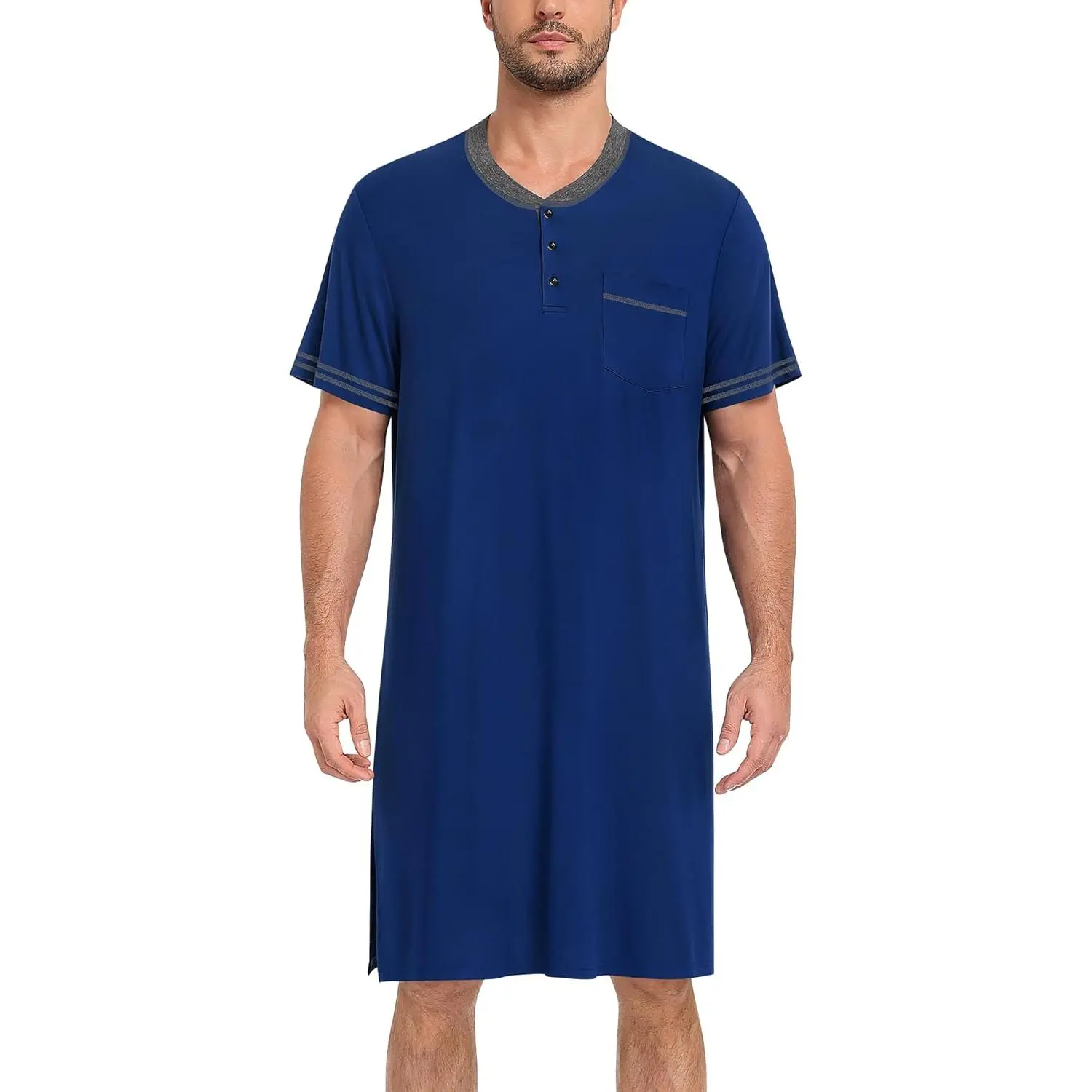 SWOMOG Men's Nightshirt Short Sleeve Nightgown Sleepwear Soft Loose Loungewear Lightweight Nightwear Comfy Sleep Shirt
