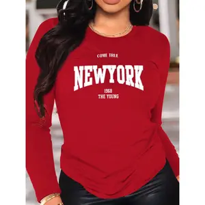 Women's Red New York Pattern Long-Sleeved T-shirt-Vintage 1986 Letter Print Casual round Neck Pullover, Comfortable All Seasons Daily Party Wear Must-Have, Machine Washable Stacked Item