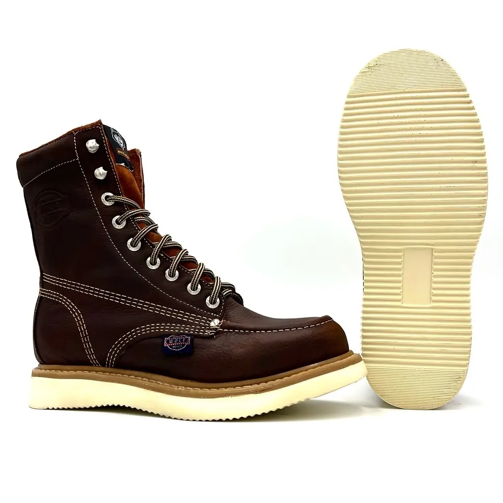 White Wolf 8 Inch Lacer Moc Toe Work Boot Wedge Goodyear Welt Sole Anti-Fatigue WW-955 Grizzly Brown Leather Footwear Comfort Shoe