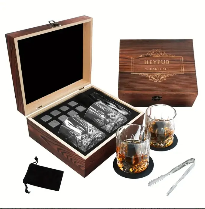 1 Set, Whiskey Glasses Set, Whiskey Stones, Stainless Steel Ice Stone, Ice Tongs, Reusable Wine Glass, Gift Set For Men Father's Day Anniversary Birthday Gift, Wine Set