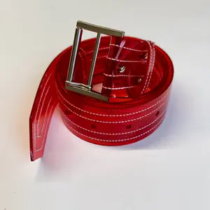 Jelly Belt - Red Transparent Belt with White Stitching and Silver Buckle for Stylish Outfits