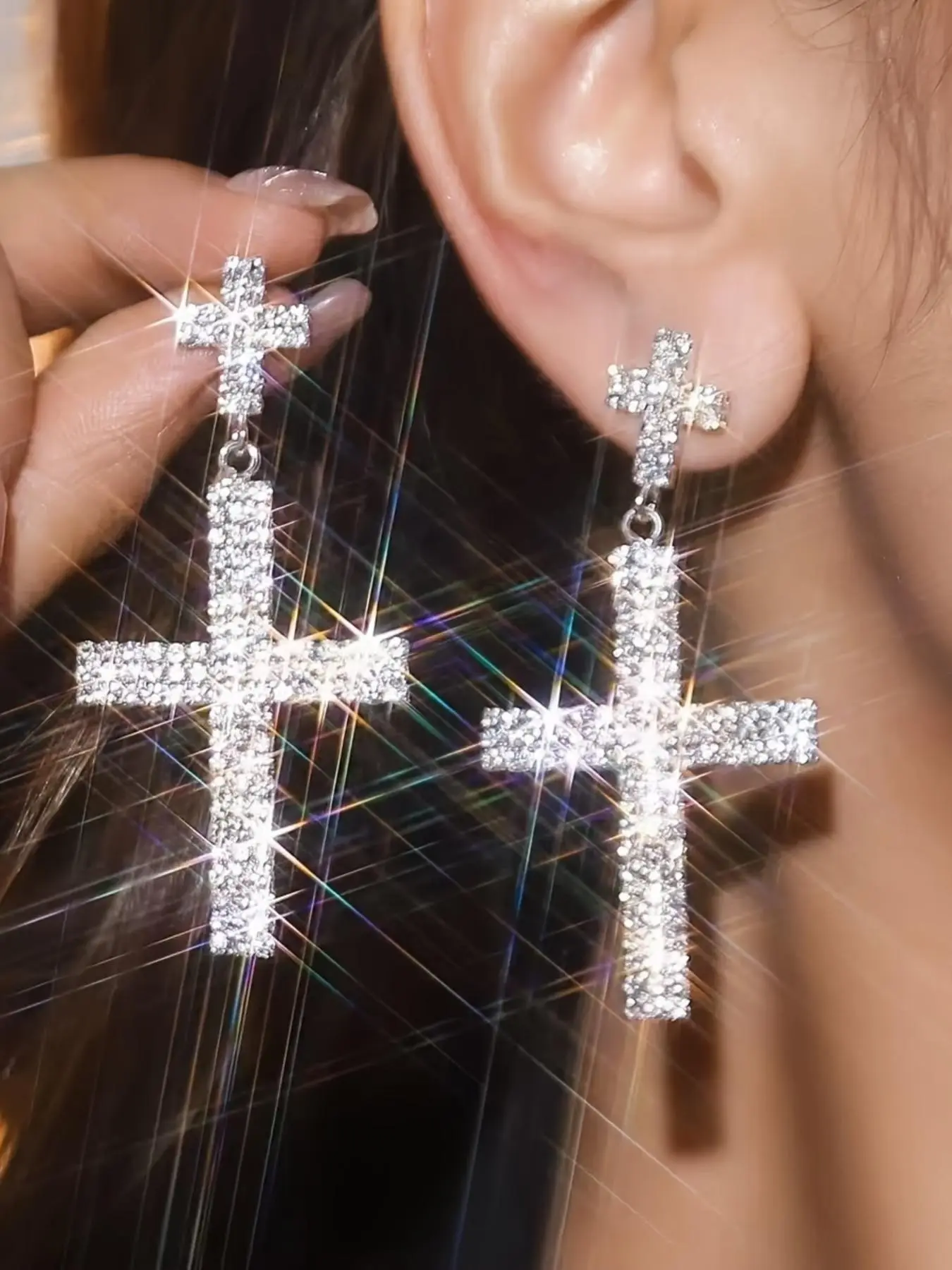 Sparkling rhinestone cross long earrings, women's luxurious party themed earrings, gorgeous dinner dresses paired with earrings, Chic Gorgeous Jewelry