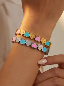 Women’s Heart Charm Bracelet, Stainless Steel Enamel Cuff Bangle, Gold or Silver Plated Love Bracelet, Cute Jewelry Gift for Women Girls