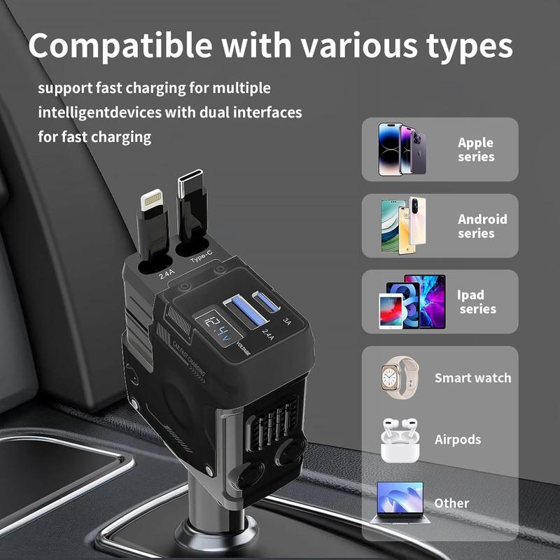 【New Airfreshener Starlight In Car Roof】5 in 1 Car Charger, Car Air Freshener with High Speed USB C Adapter with Lightning Cable & Charge Port for iPhone & Android Phone, Retractable Car Charger, Comes with 3 Bottles of Fragrance, Car Accessories