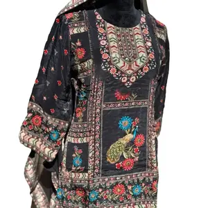 Top Womenswear Soft Silky Comfortable Floral 3 Pc Suit with Peacock Embroidery and Colorful Patterns Matching Traditional