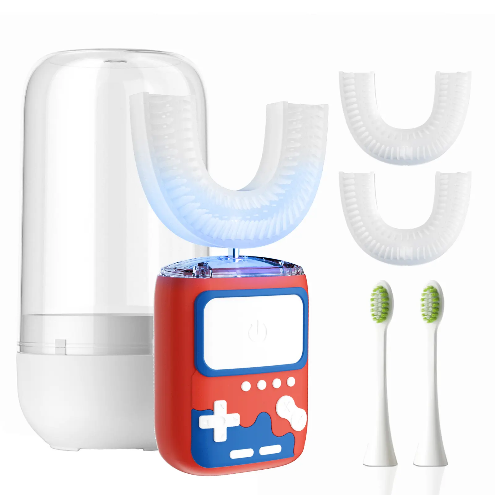 Adult Ultrasonic Electric Toothbrush, 360° Oral Cleaning for Stain & Whitening, IPX7 Waterproof Rechargeable, U-Shape Brush Head x3 + Straight Handle Brush Head x2 + Storage Cup x1 Daily