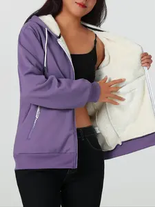 Women's Hooded Long Sleeve Loose Fit Fleece Jacket, Casual Style with Plush Lining, Warm Fall & Winter Outerwear for Daily Wear, Womenswear