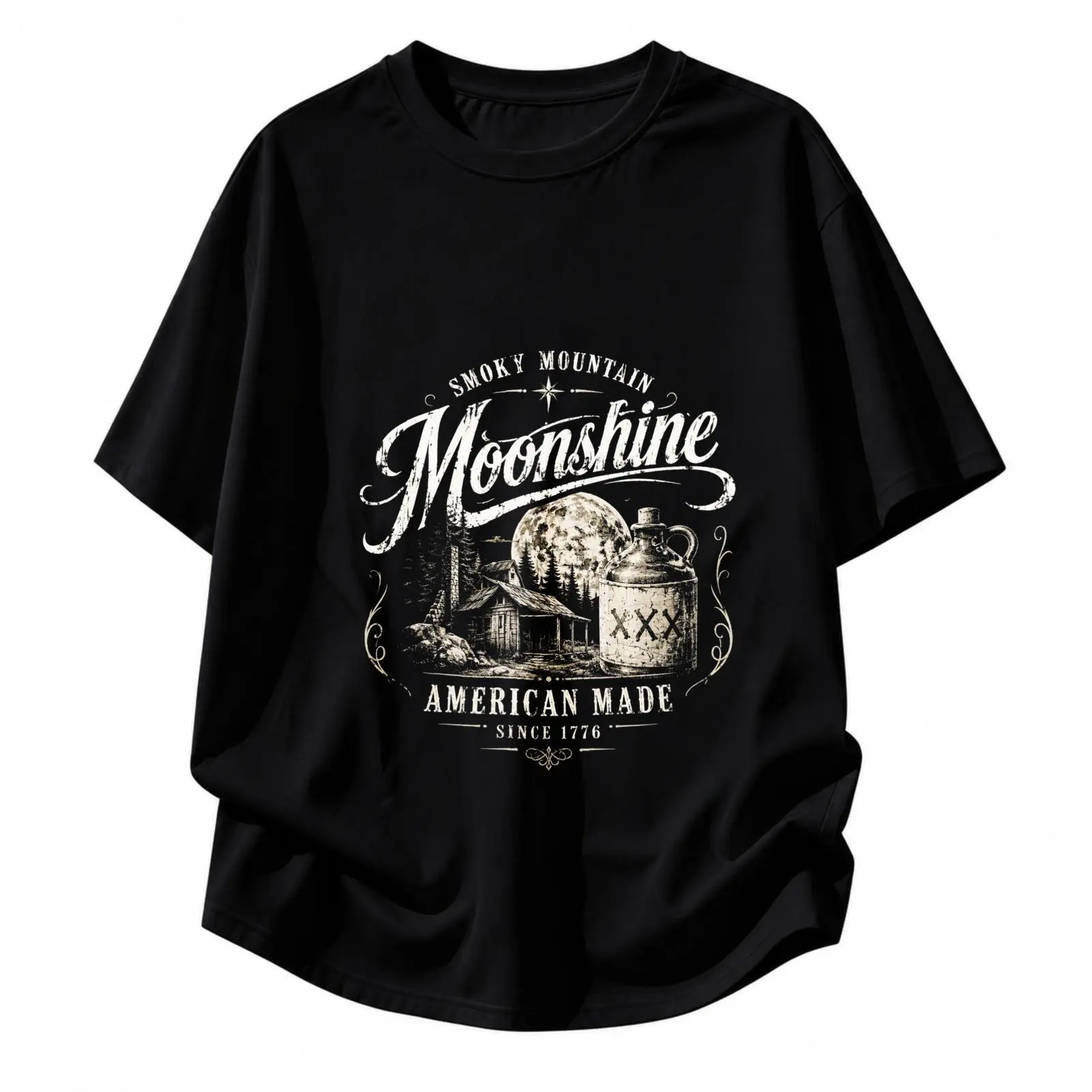 CARPESUN Vintage Retro Moonshine Graphic Tee American Made Smoky Mountain Print Short Sleeve Cotton Casual Unisex T Shirt Gift For Him Her