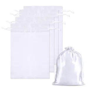 4Pcs Satin Wig Organiser Storage Bags - Drawstring Silk Bags for Wigs, Hair Bundles (White)