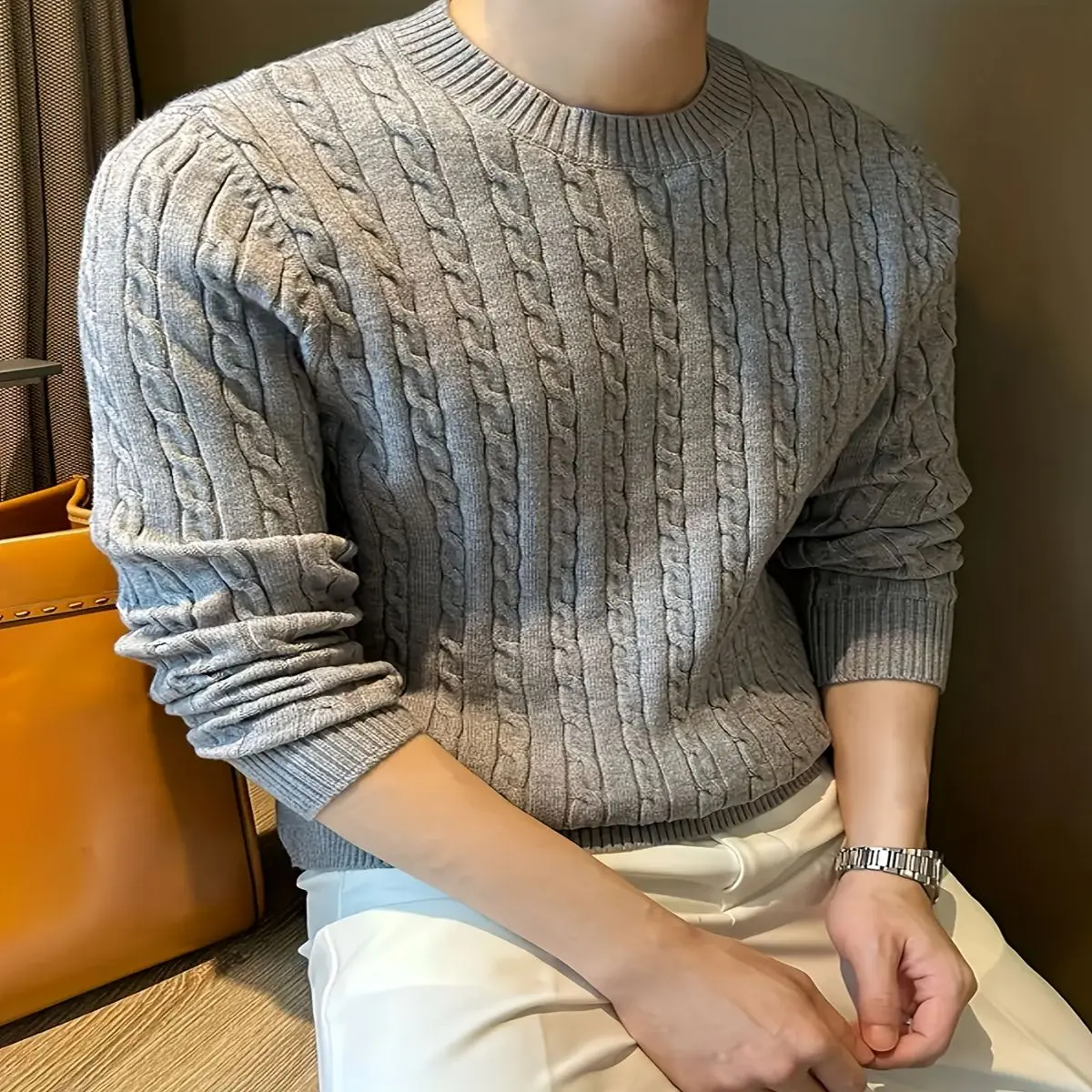Men's Cable Knit Sweater - Viscose Long Sleeve Crewneck Solid Color Regular Fit Fall/Winter Casual Knitwear sweater sueter para hombres