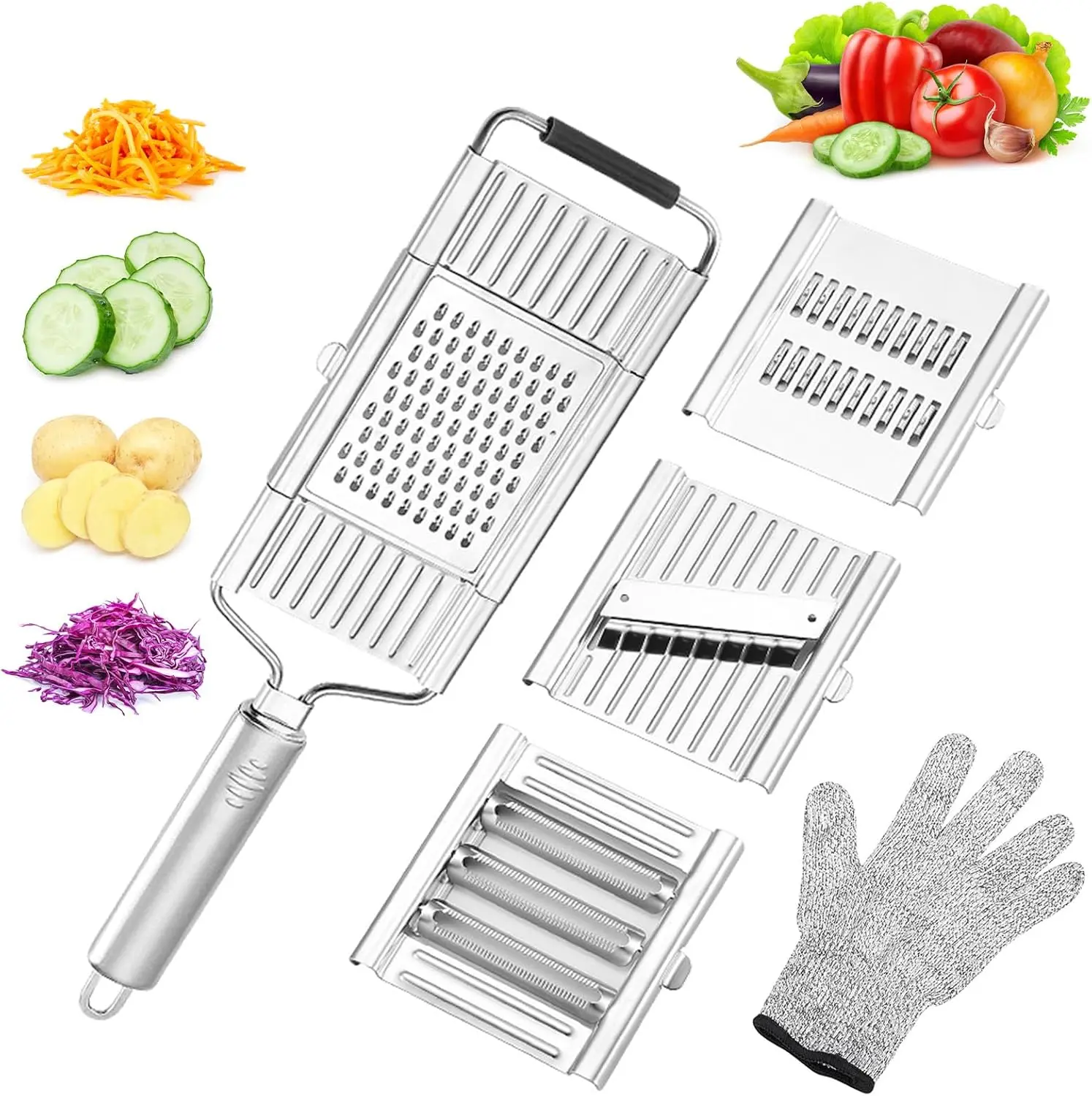 4 in 1 Vegetable Cutter with Cheese Grater, Carrot Grater, Cabbage Shredder, Stainless Steel Mandoline Slicer for Kitchen
