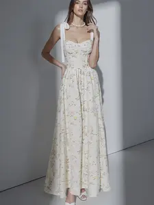 Romantic Print Strap Waist Women's Summer Long Dress, Bridgerton Style Floral Dress, Elegant Summer Fashion for Ladies