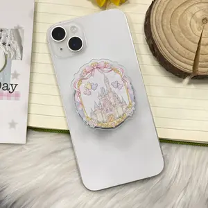 Cute Pink Ribbon Bow Magical Castle Acrylic Phone Grip | Kawaii Fairy Princess Griptok for iPhone & Android | Pastel Kingdom Balloon Theme Phone Stand Holder | Aesthetic Coquette Accessories Gift for Girls