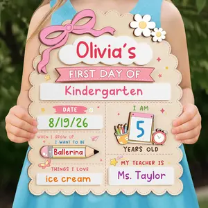 My First Day of School Sign 12"x10", First and Last Day of School Board with Marker, Reusable Back to Class Wooden Chalkboard for Preschool, Pre-K, and Kindergarten, Easy to Write & Clean Board (Bow)