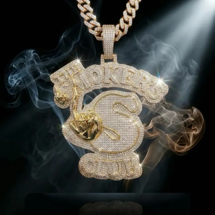 14K GOLD PLATED ICED OUT PENDANT - THE SMOKERS CLUB PENDANT - FREE 4MM ROPE CHAIN INCLUDED - HIP HOP JEWELRY - HIGH QUALITY & HAND SET CZ DIAMONDS HEAVYWEIGHT PENDANT FOR CUBAN LINK CHAIN - SMOKERS PENDANT