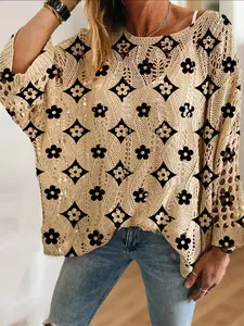 Women's Elegant Geometric Floral Print Round Neck Long Sleeve Open Knit Hollow Out Top, Casual Vacation Style Sweater Knitwear, Comfortable Breathable