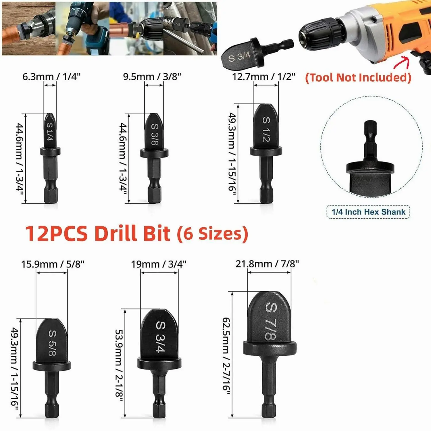 12pcs HVAC Copper Tube Flaring & Expander Drill Bit Set, Ball Bearing Steel Car Repair Tool with 1/4 inch Hexagon Handle, 6 Pipe Sizes (2 Pieces of Each Model: 3/4",5/8",1/2",3/8",1/4") for Impact & Power Drills, Leak-Proof Fit, Working Principle