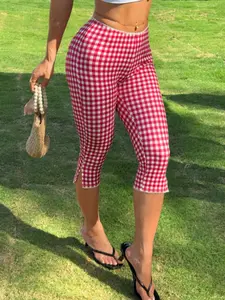 Women's Fashion Casual Y2K Street Style Slim Fit Side Split Seven-Eighths Pants, Spring Summer Plaid Gingham Knit Elastic Tight Jeans