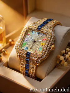 Gold World Hip-Hop Full Diamond Square Men's Watch, Starry Sky Fully Encrusted Steel Band, Trendy Individuality Watch
