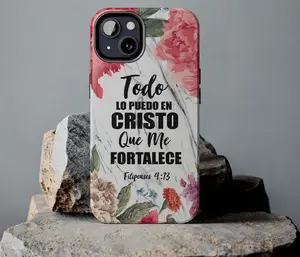 Filipenses Todo Lo Puedo En Cristo Spanish Christian Verse Floral, iPhone 16 15, 14, 13, Pro Max Tough iPhone Phone Case, Mobile Phone Case Protection Gift