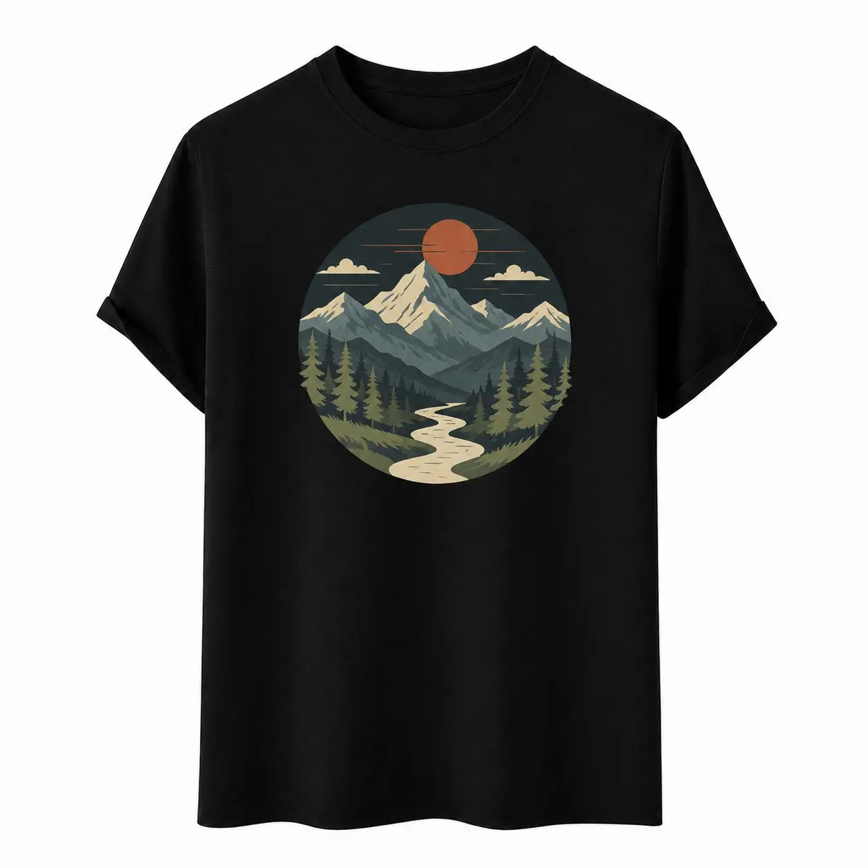 Vintage Circular Mountain Forest River Sunset Nature Outdoor Wilderness Graphic T-Shirt Hiking Camping Nature Lover Unisex Cotton Short Sleeve Casual Tee