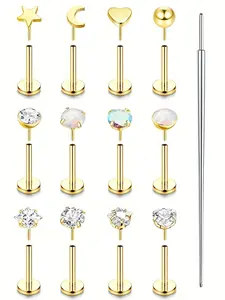 13 Pcs Threadless push in Stud Earrings, Rhinestone Stainless Steel, Sporty Style, All Seasons, Women's Ear Piercing Set
