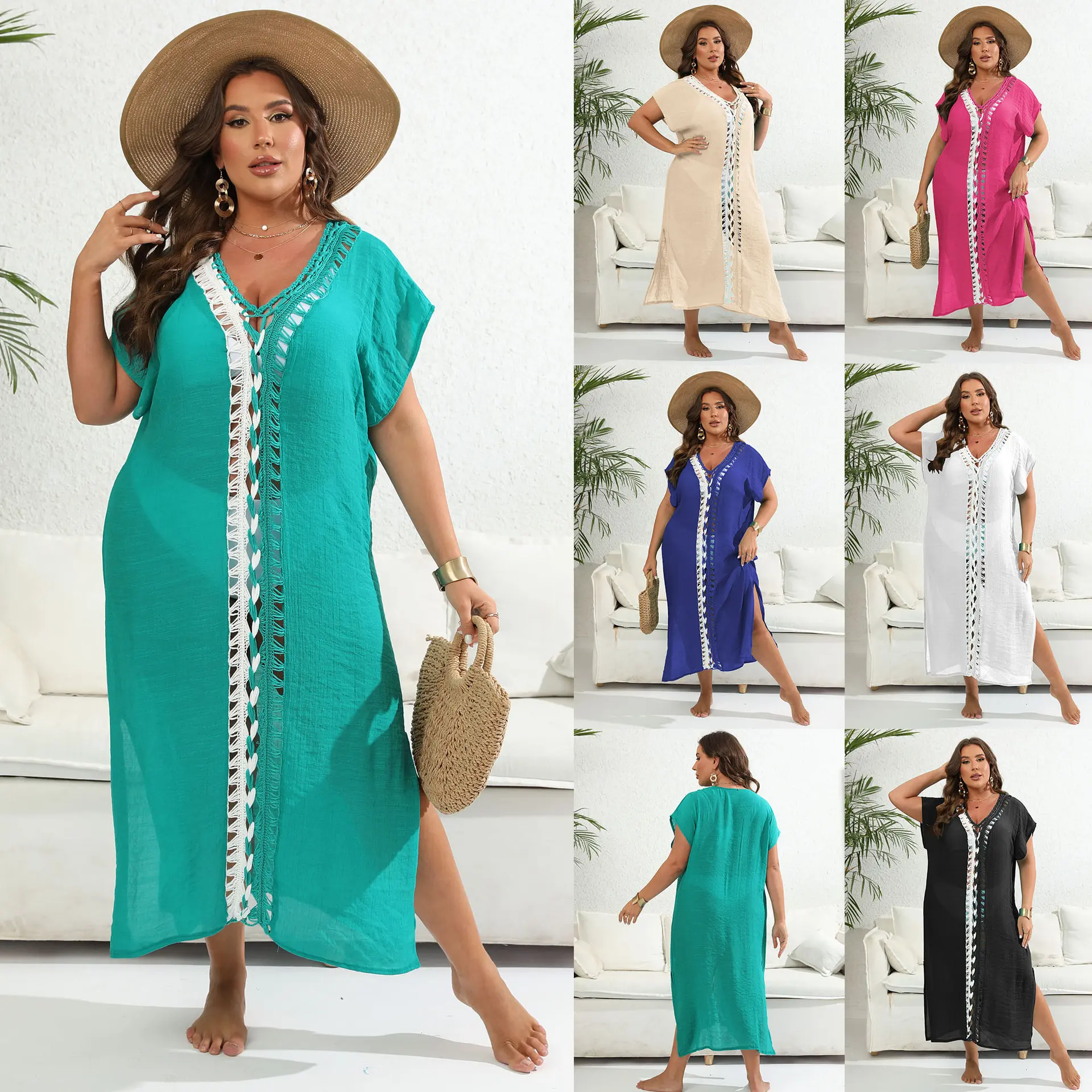 Plus Size Women Beach Cover Up Dress, Short Sleeve Hollow Crochet Trim V Neck Split Midi Kaftan, Summer Swimsuit Coverup for Vacation Pool
