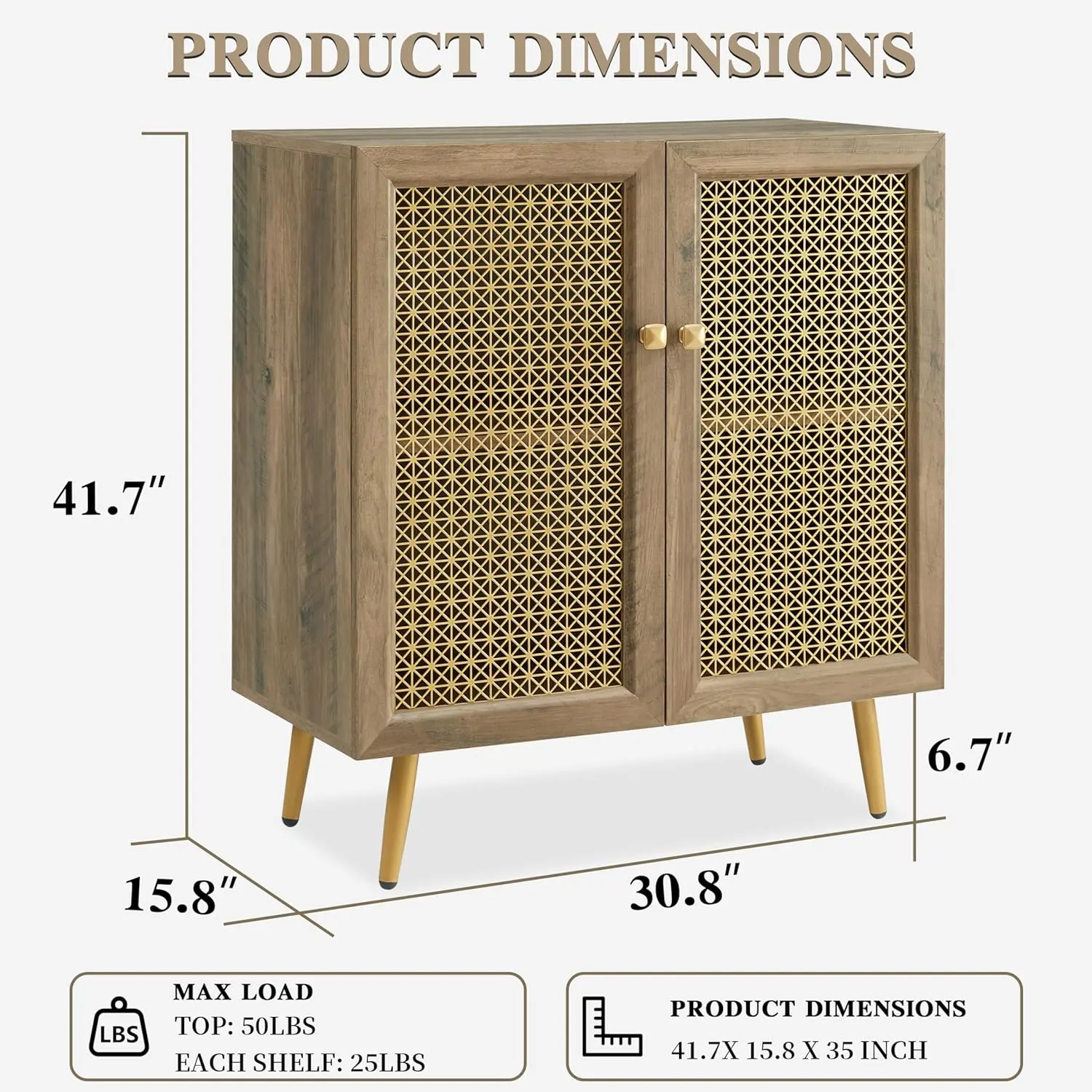 31" Sideboard Buffet Cabinet with Metal Doors, Modern Free Standing Decorative Accent Cabinet, Small Sideboard for Entryway, Living Room, Kitchen, Hallway, Rustic Oak