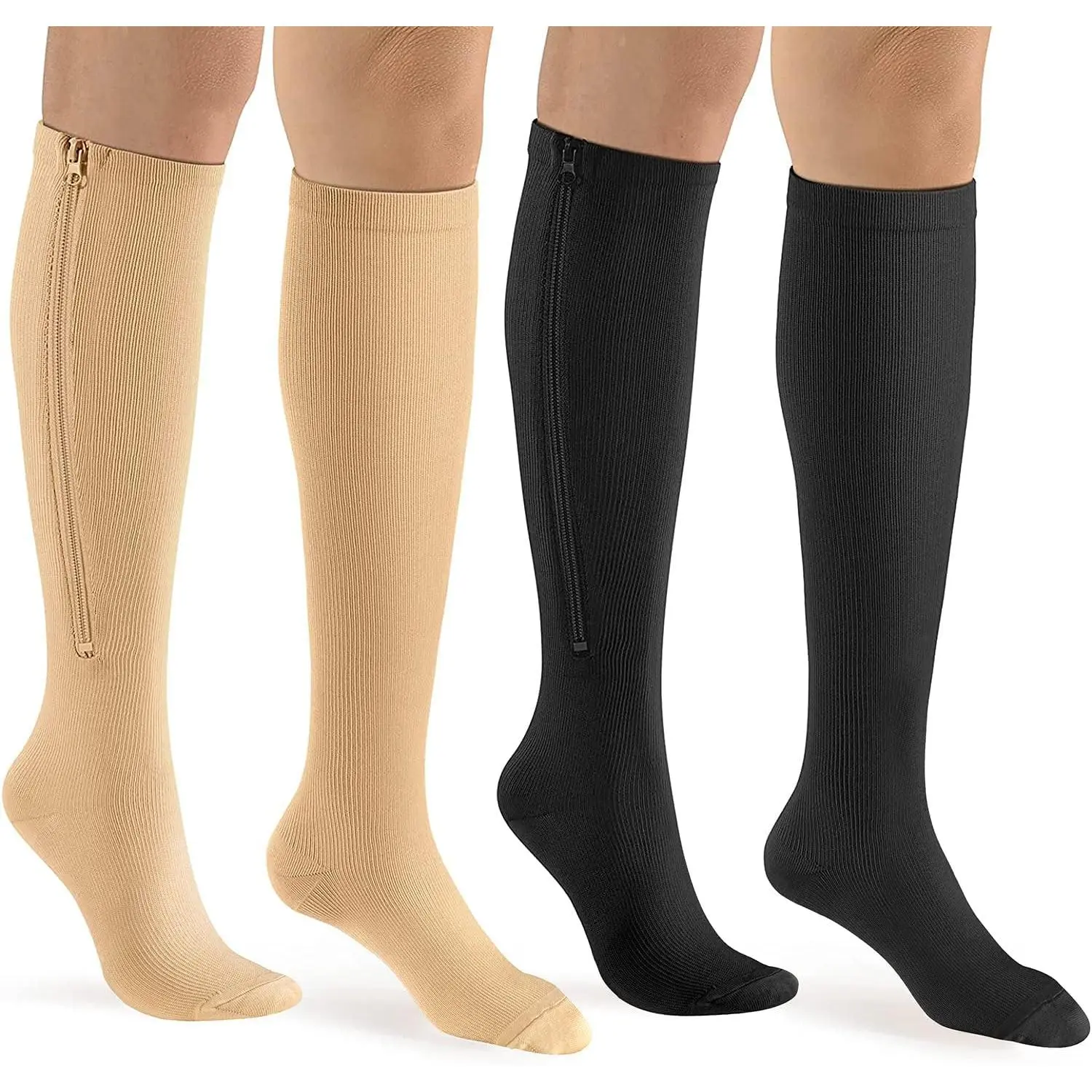 Women's & Men's Zipper Compression Athletic Socks, 2 Pairs Calf Knee High 15-20mmHg Closed Toe Compression Stockings, Elastic Socks, Imported, Nylon Blend, Traveling, Pregnancy, Breastfeeding