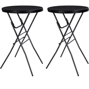 Cocktail Table 28in Folding Round High Top Indoor Outdoor with Removable Legs, Tall Bistro Foldable Bar Height Table for Parties, Patio, Backyard, Dining Room, Events, Black- 2PCS