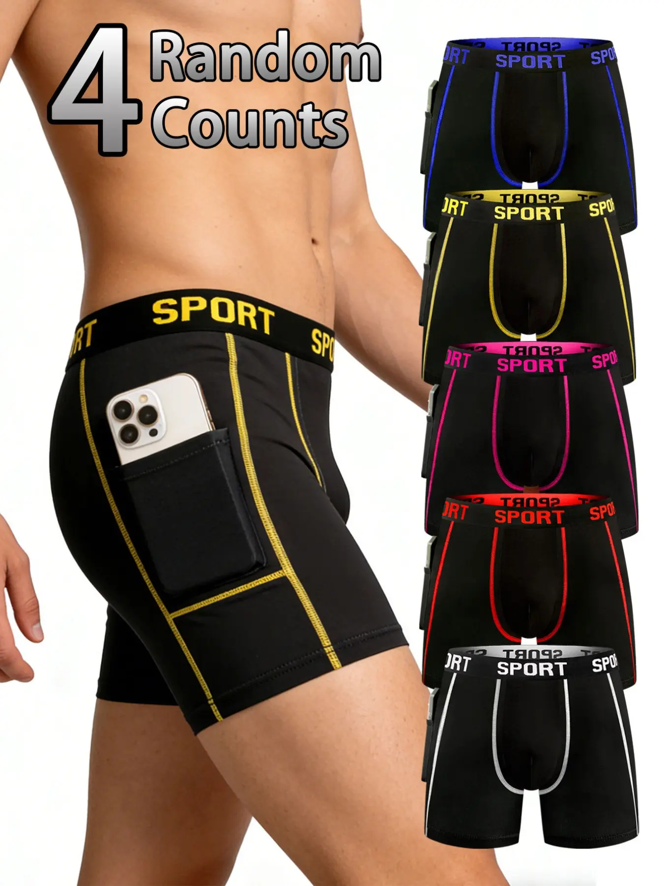 4-Pack Men's Sport Underwear, Athletic Underwear, Sports Underwear, Workout Underwear, Random Colors, Side Pocket Design, Breathable Quick-Dry, Gym Underwear, Running Fitness Boxer Briefs, Comfortable Fit
