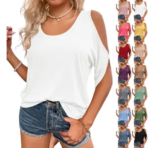 Goranbon Women Cold Shoulder Tops Summer Short Sleeve Shirt Scoop Neck Tee Casual Loose Fitting Solid Color Tunic Top