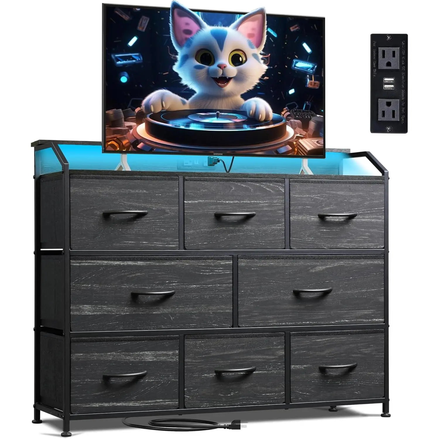 WLIVE Led Dresser, TV Stand for Bedroom with LED Lights and Power Outlet, Wide Chest of Drawers with 8 Fabric Drawers, Modern Storage Cabinet